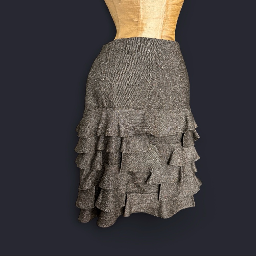 Talbots Tweed Skirt 6P Brown Wool Silk Donegal Fleck Ruffle Knee Length Y2K Work